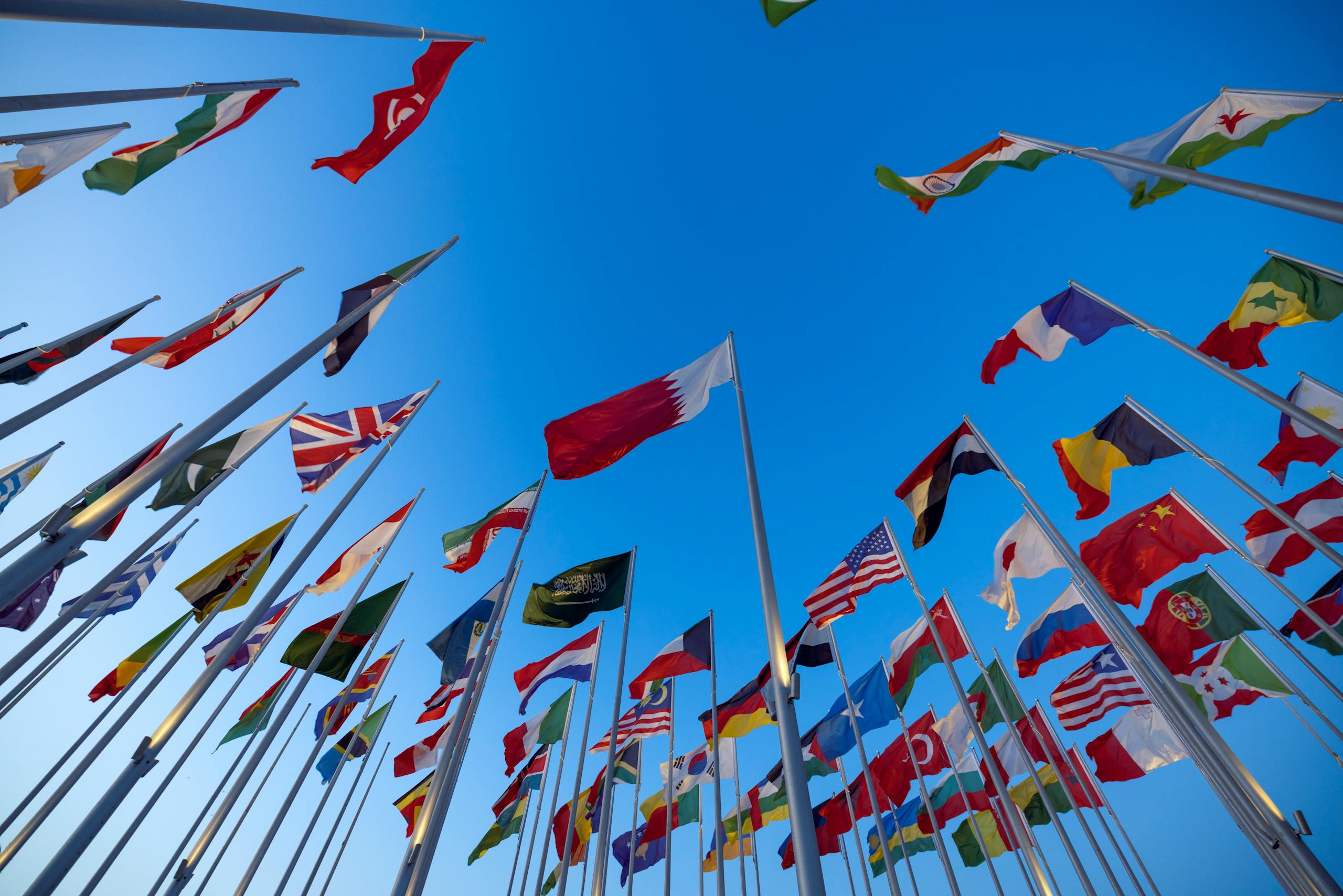 International flags waving against a clear blue sky in Doha, Qatar, symbolizing unity and diversity.